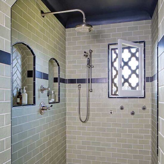 Custom Spanish Style Ceramic Tile Shower in Master Bedroom Designed by HartmanBaldwin